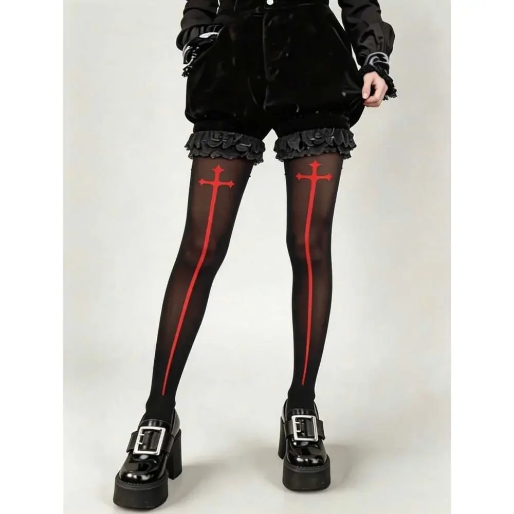 NWT Black & Red Gothic Cross Print Tights